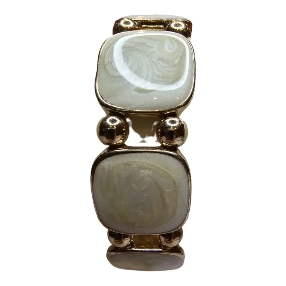 Stretch Bracelet with a swirled Cream and Gold Color, Gold Toned Beads N…